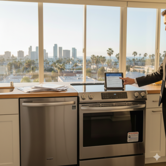 Modern kitchen appliances in a Orange County apartment with a landlord reviewing AB 628 compliance documents.